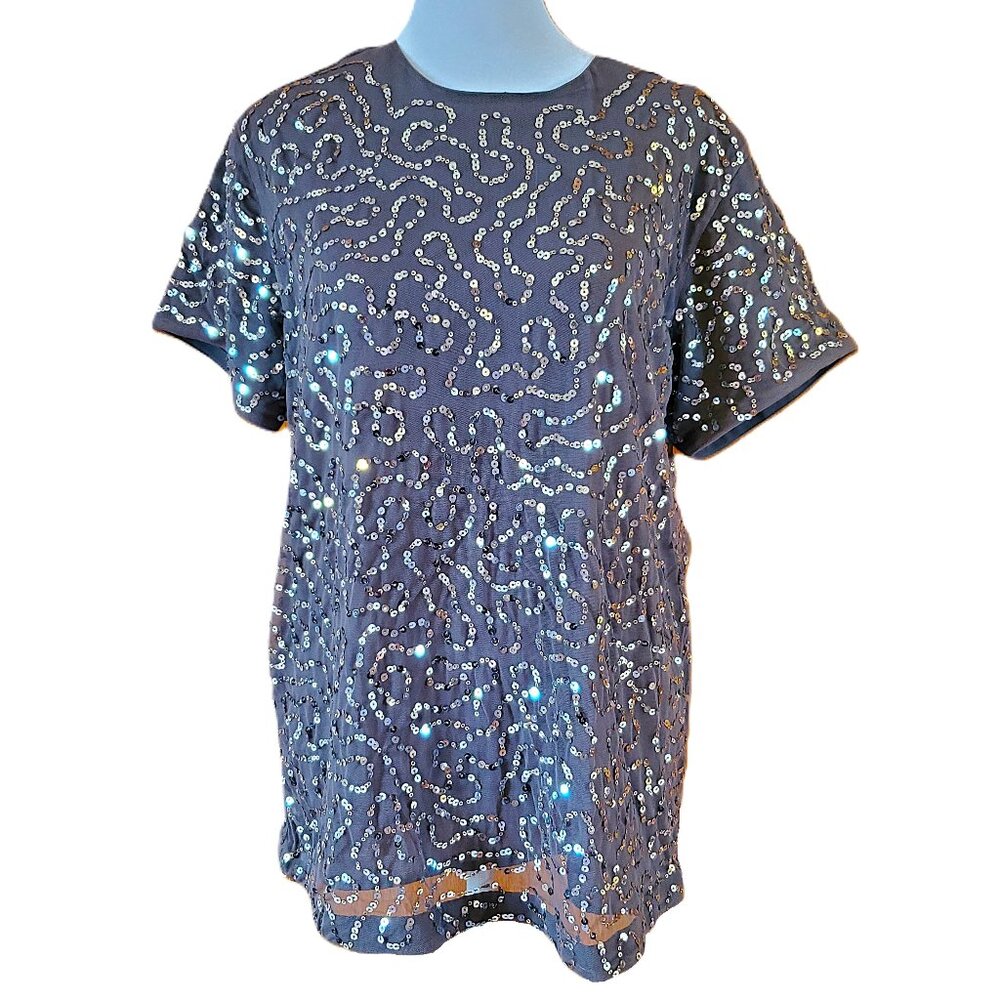 Express Gray Sequined Short Sleeve Top Womens Sz M Mesh Overlay Keyhole Neckline